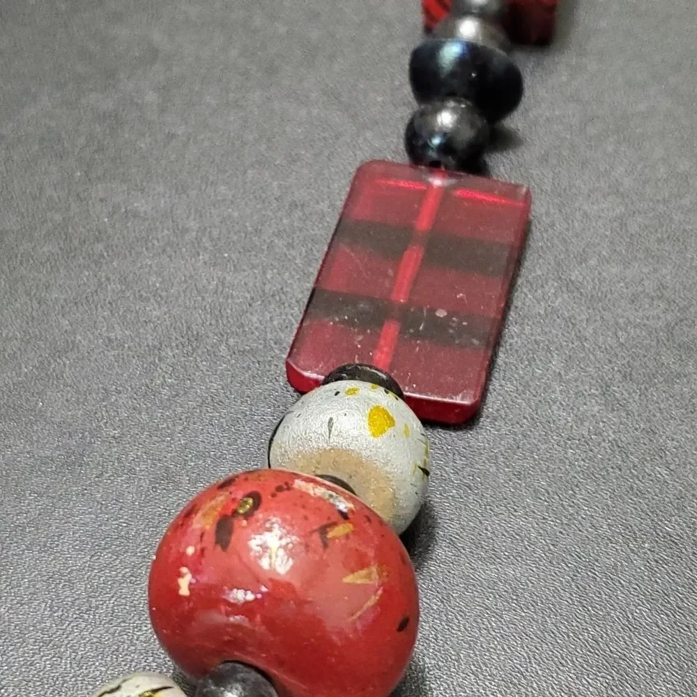 Red and black painted wood bead necklace 28
